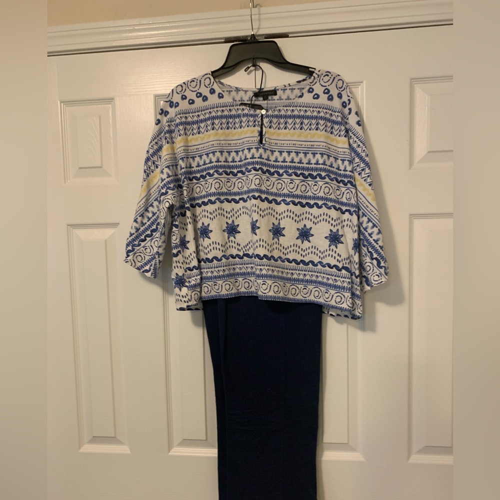 Blue, White and Yellow Patterned Top with Pants